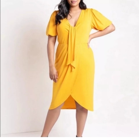 Eloquii Tie Front Tulip Hem Yellow Dress Womans Size 16 - Picture 1 of 8